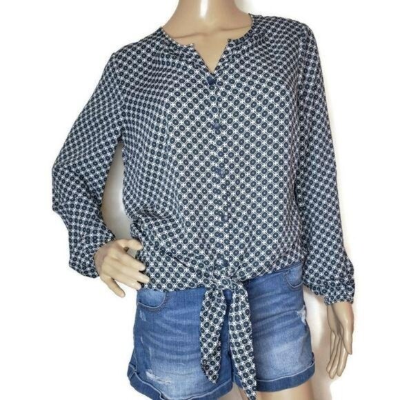 Giuliana geometric Button-Front Long Sleeve Blouse W/ Tie Waist navy and white S - Picture 1 of 9